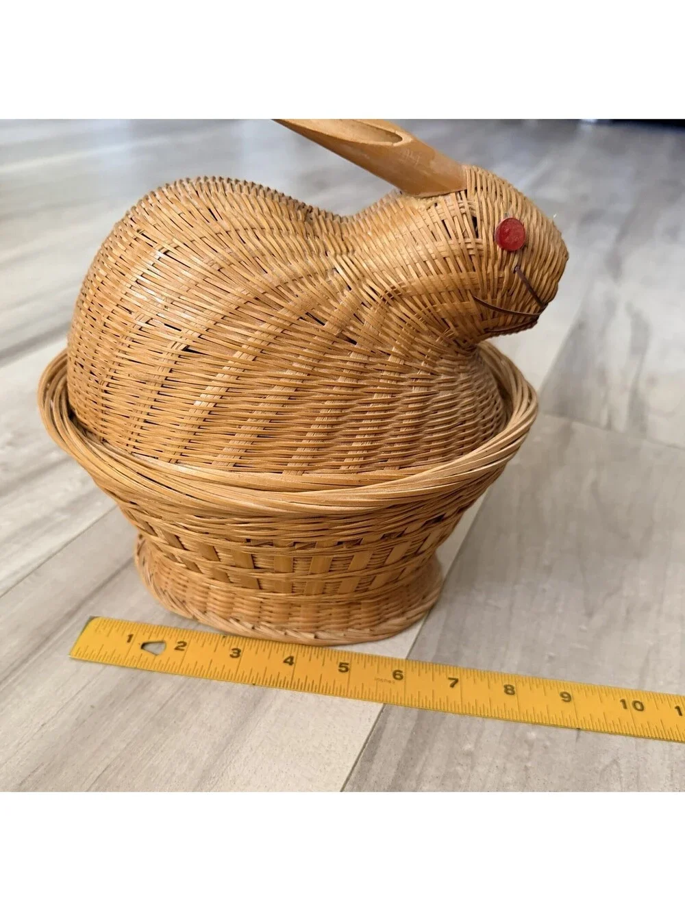 Vintage Woven Rabbit Basket with Red Button Eyes Farmhouse Decor Cottagecore